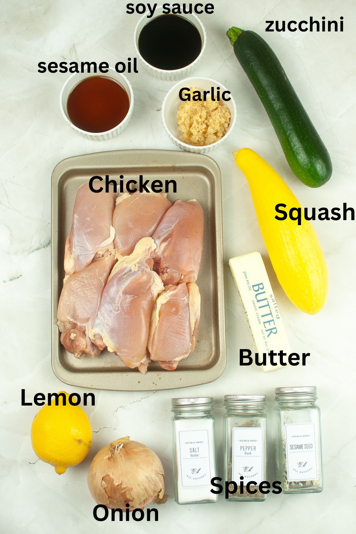 soy sauce, sesame oil, zucchini, garlic, squash, chicken, butter, lemon, onion, spice