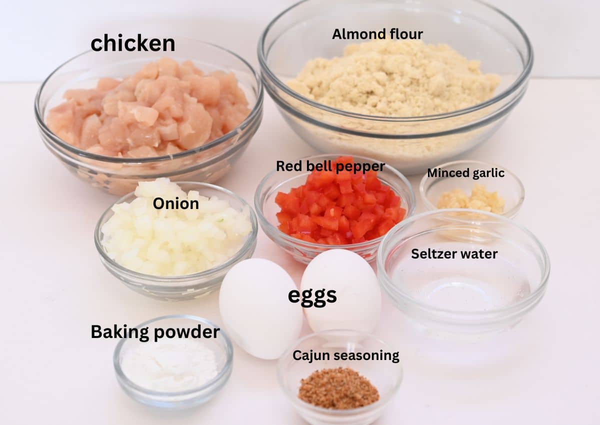 chicken, Almond flour, Minced garlic, Red bell pepper , Onion, Eggs, baking powder, seltzer water, Cajun seasoning