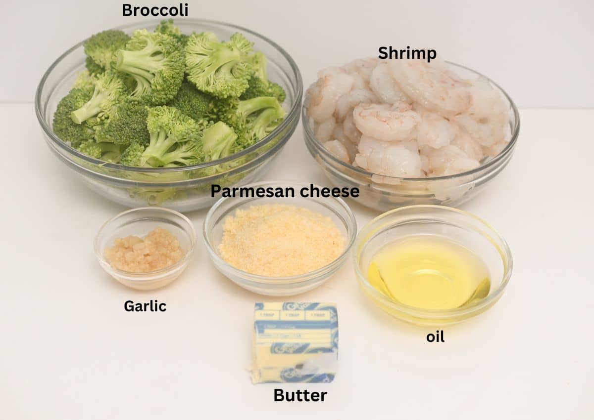 Broccoli, Shrimp, Parmesan cheese, garlic, oil, butter