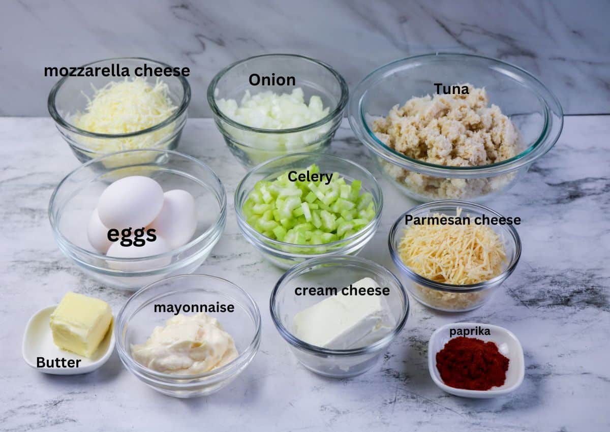 mozzarella cheese, onion, tuna, eggs, celery, Parmesan cheese, paprika, cream cheese, mayonnaise, butter