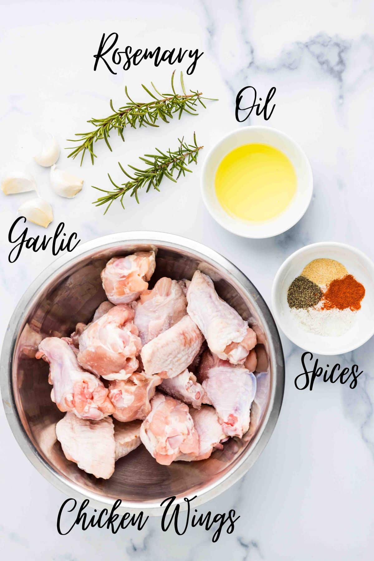 Garlic, rosemary, spices, oil, chicken wings