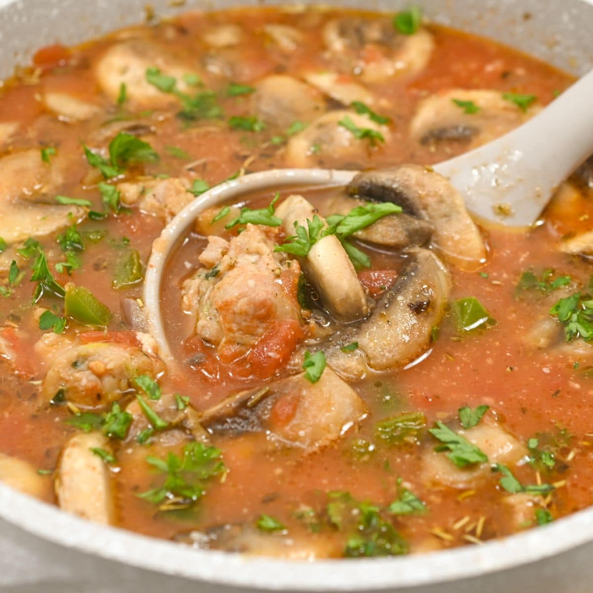 Sausage and Mushroom Soup in a bowl